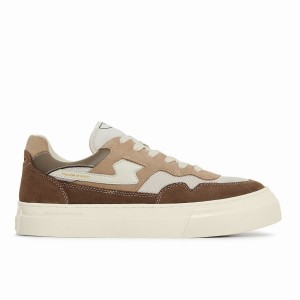 Beige White Dark Brown Men's Stepney Workers Club Pearl S-strike Suede Mix Low Top Sneakers | RZH251LY