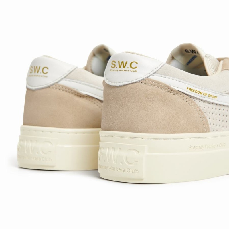 Beige White Women's Stepney Workers Club Dellow S-strike Track Perf Suede Low Top Sneakers | ENH2124BL