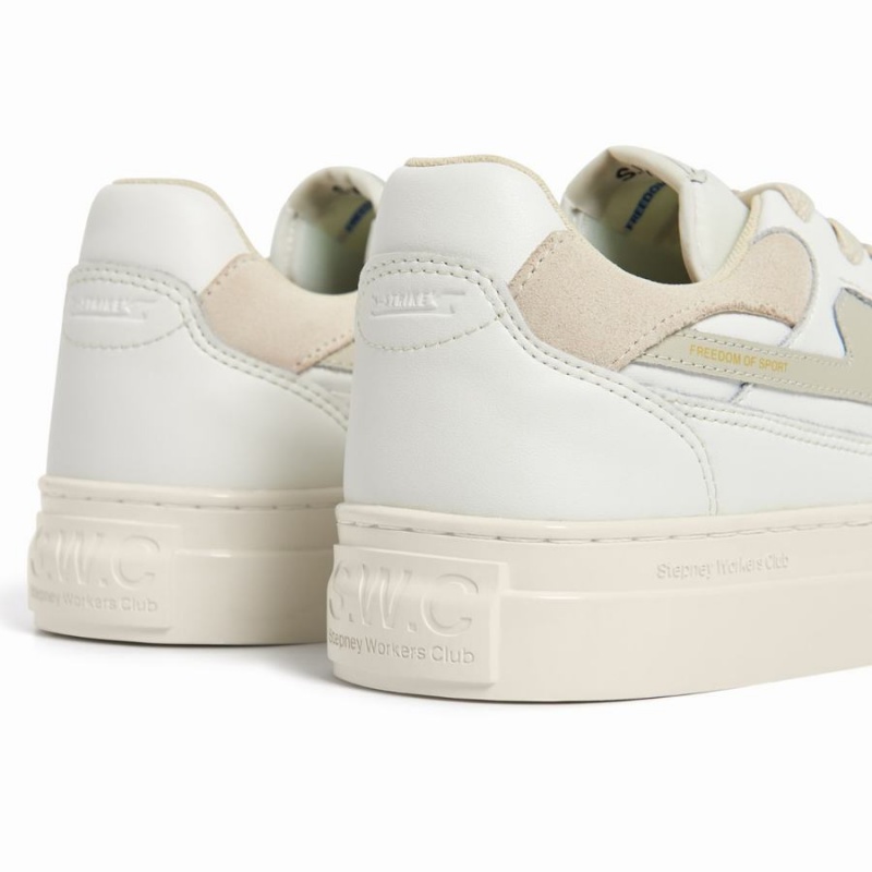 White Men's Stepney Workers Club Pearl S-strike Leather Low Top Sneakers | BWE8195SU